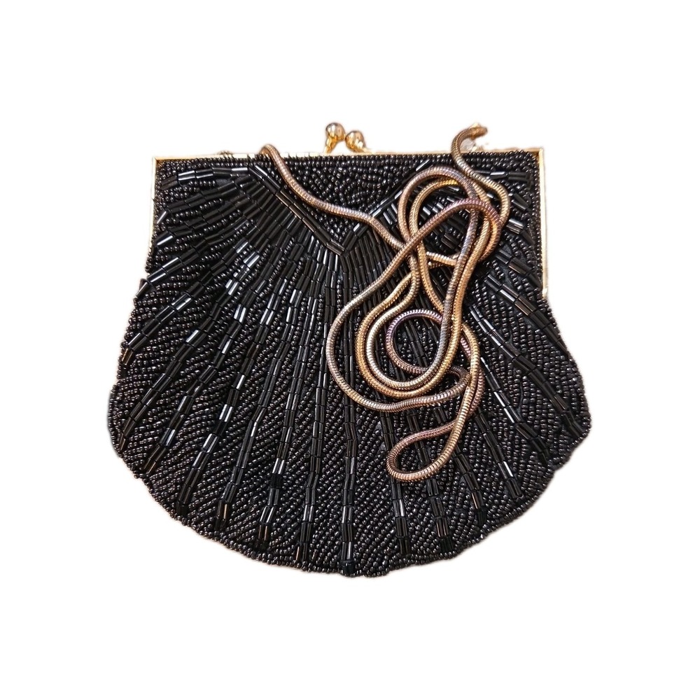 Art Deco Flapper Black Glass Beaded Clam Purse With Gold Tone Strap And Closure